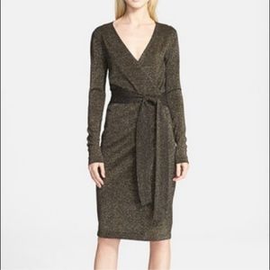 Diane Von Furstenberg Black & Gold Lurex Wool Evelyn Wrap Knee-Length Dress